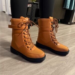 Orange Tan Lace Up Boots with Mid-Calf Height